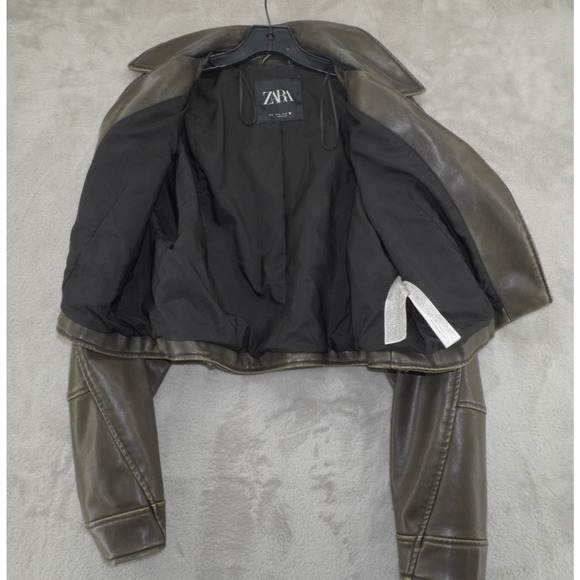 Zara Faux Leather Cropped Moto Jacket Olive Zip Pockets Women’s Size M - Picture 4 of 8